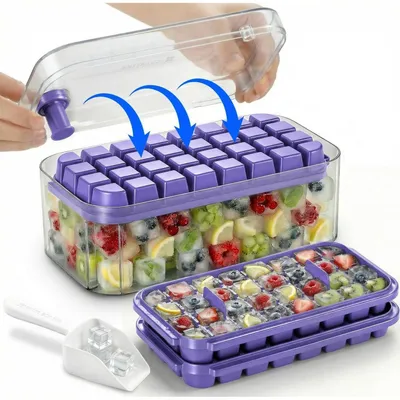 Immagine prodotto di Contenitore per cubetti di ghiaccio con coperchio e paletta, capacità per 64 cubetti, colore viola