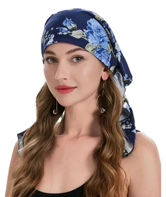 Obrázek produktu pro Dámská turbanová čepice, předvázaná, šátek na hlavu, modrá s růžovou, 100% polyester
