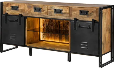 Image de MASSIVMOEBEL24 | Buffet en bois de Manguier / Bois de récupération 195x45x90 naturel laqué / métal gris BLACKBURN LUX #409