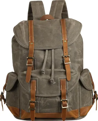 Produktbild von Gewachster Canvas-Rucksack für 15,6 Zoll Laptop - Wasserdicht und Vintage-Design - Ideal für Reisen und Schule - Olivgrün