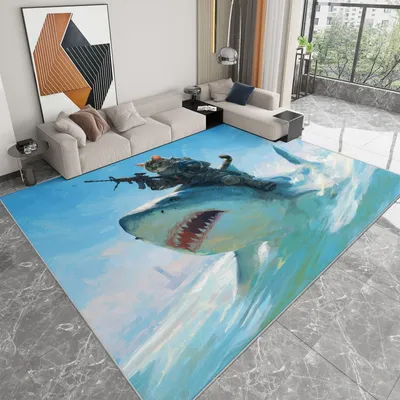 Produktbild von Cartoon-Teppich, Motiv: Hai und Katze, 160 x 230 cm, waschbar