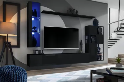 Produktbild von Garnitur Wohnzimmer Wohnwand 250 cm Schwarz Einrichtung Holzmöbel Wandschrank