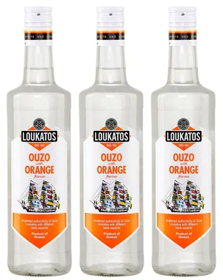 Produktbild von Ouzo Loukatos mit Orangengeschmack 3x 0,5l Flasche | Ouzo Orange | 43% Vol. | +20ml Jassas Olivenöl