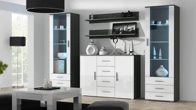 Produktbild von Furniture24 Wohnwand SOHO 3modernes Wohnzimmer Grau / Weiß Hochglanz