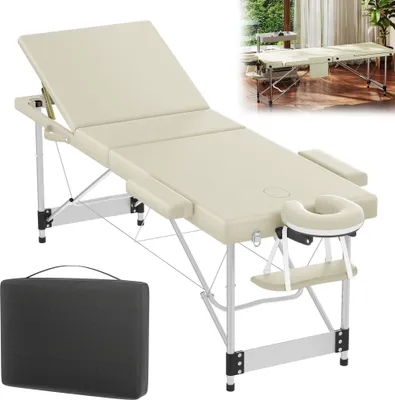 Image de UISEBRT Table de massage professionnelle pliante en beige - table en aluminium à 3 zones, réglable en hauteur & portable avec accessoires pour le bien-être, la cosmétique & la thérapie