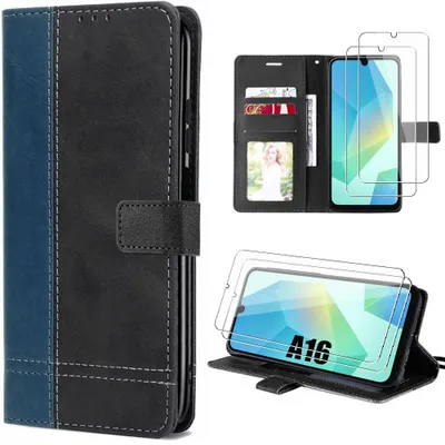 Image de Coque + 2 Verres Trempés pour Samsung Galaxy A16 4G/5G, Protection Rabat Antichoc Synthécuir Souple Bleu Marine