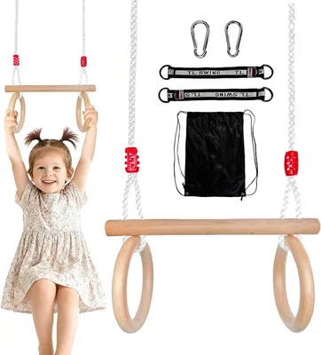 Produktbild von Trapezschaukel 2-in-1, Turnringe aus Holz, verstellbare Seillänge, 100 kg, für den Garten
