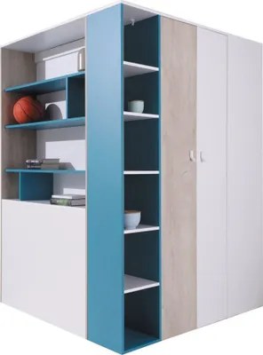 Produktbild von Jugendzimmer - Drehtürenschrank / Eckkleiderschrank Aalst 15, Farbe: Eiche / Weiß / Blau - Abmessungen: 190 x 135 x 135 cm (H x B x T)