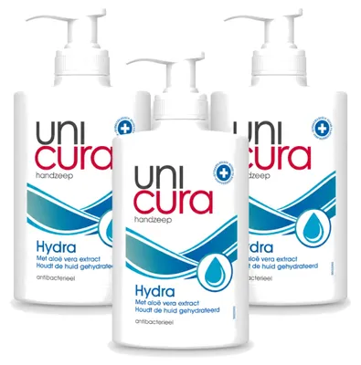 Immagine prodotto di 3 flaconi di sapone liquido idratante Unicura Hydra, 250 ml ciascuno, confezione