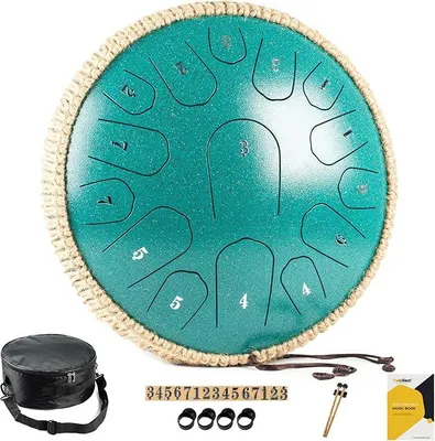 Produktbild von Zungentrommel 13 Zoll 15 Töne - Professionelles Steel Tongue Drum Handpan Set in D Dur inkl. Zungentrommel Liederbuch, Schlagzeug Sticks und Trommel Tragetasche (Grün)