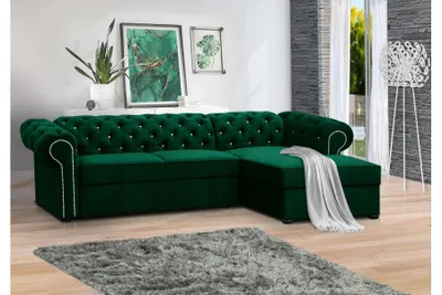 Obrázek produktu pro Rohová pohovka FURMEB 24, model SWAROWSKI, s možností rozložení na lůžko, pravostranná, rozměry 280x180 cm, s prošíváním a diamantovým vzorem, barva zelená