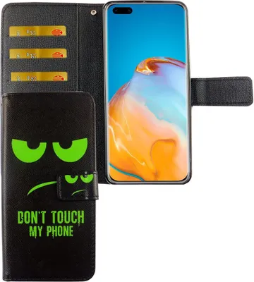 Productafbeelding van Huawei P40 hoesje, telefoonhoesje, beschermende cover, flip-case met kaarthouder. "Raak mijn telefoon niet aan."