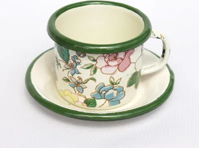 Produktbild von Emaille Tasse mit Untertase 11/61 Becher emailliert 5 cm Kaffeebecher Kaffeetasse