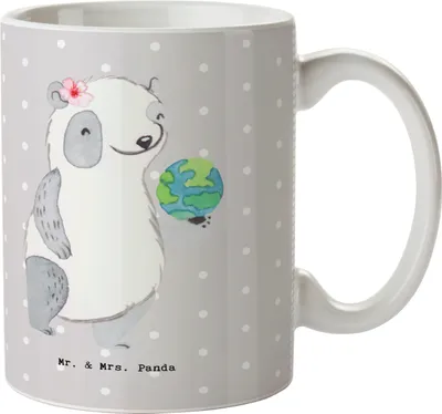 Produktbild von Mr. & Mrs. Panda Keramikbecher Touristikkauffrau Herz - Grau Pastell - Geschenk, Becher, kaffeetasse bedruckt, schöne tasse, Kaffeebecher