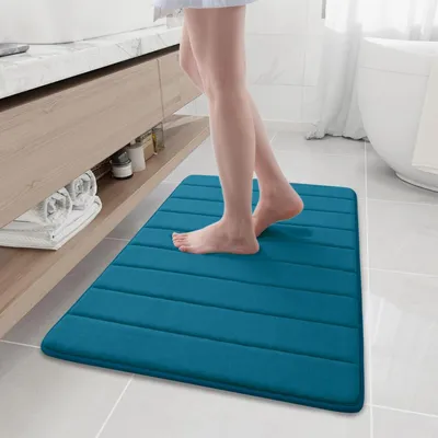 Image de Tapis de bain en mousse à mémoire de forme, absorbant, antidérapant, lavable, 60 x 90 cm, bleu