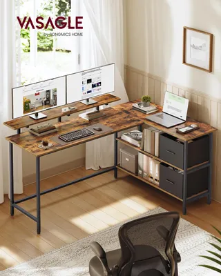 Produktbild von VASAGLE Eckcomputertisch mit Monitorständer, L-förmiger Arbeitstisch, 2 Schubladen, höhenverstellbar, 155 x 105 cm, braun