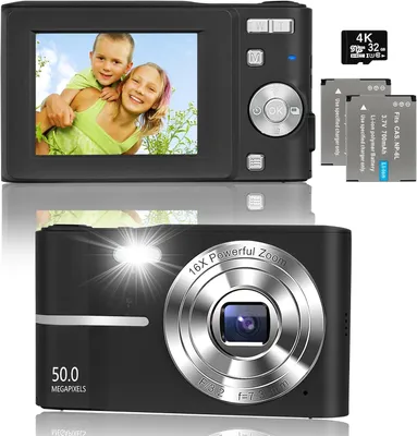Produktbild von 1080P Digitalkamera mit 32 GB Karte, 50 MP Kinder kompakte Digitalkamera, 16-facher Digitalzoom, 2,4-Zoll-Bildschirm, tragbare Kompaktkamera, Schwarz