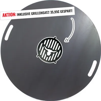 A circular black grill plate with a central grill insert featuring a bull's head logo. A promotional banner is attached to the top left.