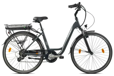 A studio shot of a gray electric bicycle against a white background.
