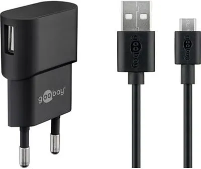 Immagine prodotto di Goobay 45296 Set di ricarica micro USB 1 A, nero, 1 m - Adattatore di corrente con cavo micro USB da 1 m (nero)