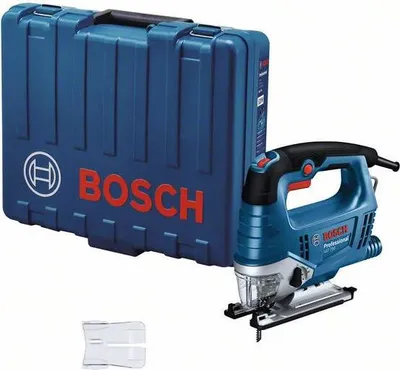 A blue Bosch jigsaw and its blue carrying case are displayed against a white background.
