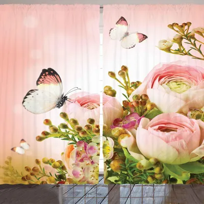 Image de Rideau papillon ARANDE, couleurs pastel, roses en fleurs avec insectes printaniers, romantique et féminin, 280 x 225 cm, multicolore