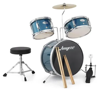 Produktbild von Kinderschlagzeug - Akustisches 3-teiliges Schlagzeug Set - 5 Pads - Holz und Metall - Für Anfänger und Heimgebrauch - Blau