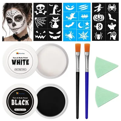 Immagine prodotto di Kit di trucco per Halloween: bianco e nero, colori per il viso e il corpo, per adulti. Contiene 2 tubetti da 55g, pennelli, stencil e spugne