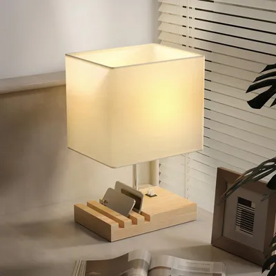 Produktbild von LED Nachttischlampe Holz mit USB A&C Ladefunktion – Modern Tischlampe E27 mit Handyhalterung & Ablage, Stoffschirm Bodenlampe Bunt/Weiß für Schlafzimm