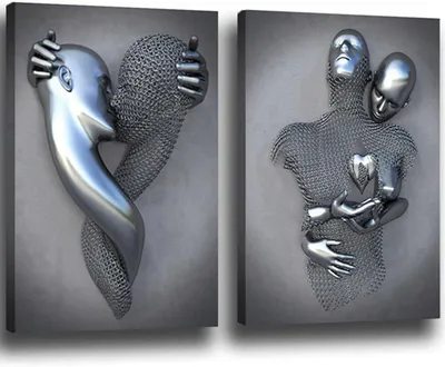 Produktbild von Omgoods – Leinwandbild mit 3D-Metallfigur, Liebesumarmung – Abstrakte Wanddekoration