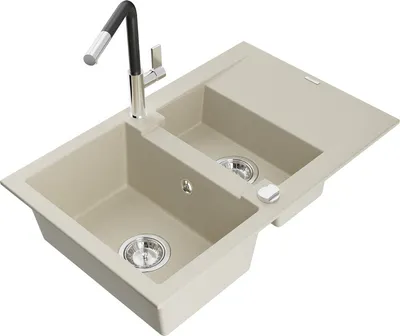 Produktbild von Mexen Gaspar 1,5-Becken-Granitspüle mit Abtropffläche und Mischbatterie Flora, Beige - 6507-69-670401-07