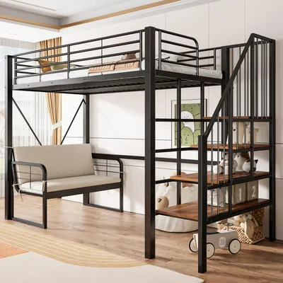 Obrázek produktu pro Dvoupatrová postel 95x170 cm, s úložným prostorem, s vestavěným schodištěm, vhodná do dětských a mládežnických pokojů, ložnic a pokojů pro hosty, bílá