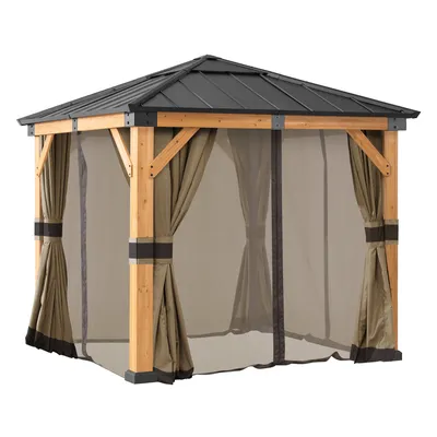 A wooden gazebo with tan curtains and mosquito netting, shown from a slightly elevated front-left angle against a white background.