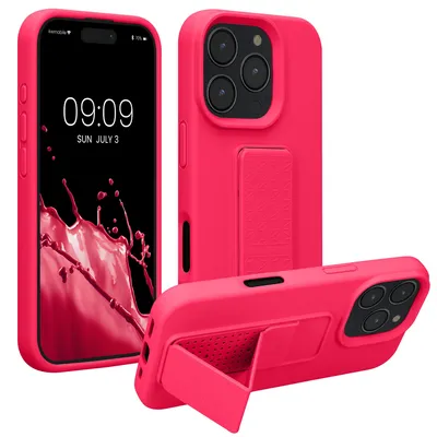 Produktbild von kwmobile Handyhülle für Apple iPhone 16 Pro Hülle - TPU Silikon Case mit Fingerhalter und Stand - Schutzhülle Cover in Neon Pink