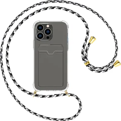 Produktbild von Handykette Backcover-Schutzhülle mit Band (Metall goldfarben) für Apple iPhone 15 Pro Max - schwarz/grau/weiß