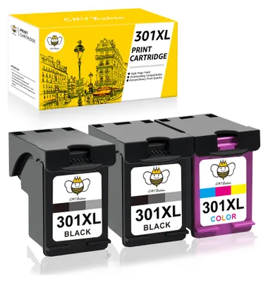 A product shot of three ink cartridges and their packaging.