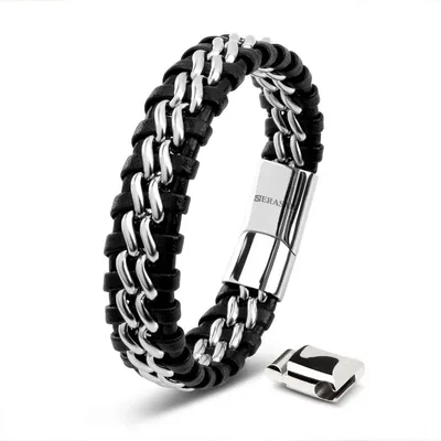 A close-up studio shot of a men's leather and steel bracelet with a magnetic clasp.