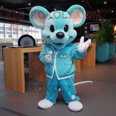 Produktbild von Cyan-Maus REDBROKOLY Maskottchen kostüm mit Overall und Anstecknadeln