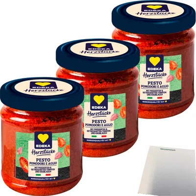 Produktbild von Edeka Herzstücke Pesto Tomate Knoblauch 3er Pack (3x190g Glas) + usy Block