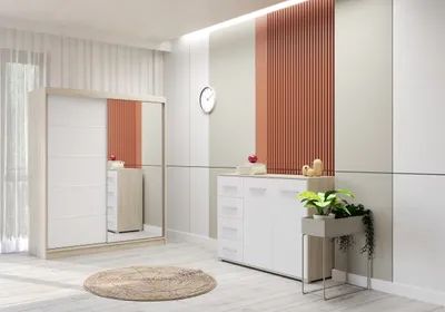 Obrázok produktu pre súprava 2 šatníkových skríň s posuvnými dverami Šatníková skriňa so zrkadlom 150 cm Sonoma/biela Bono 05 s komodou 135 cm FRIDA 01