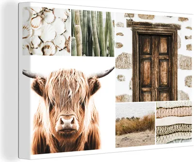 Produktbild von OneMillionCanvasses® - Leinwandbilder - 150x100 cm, Schottisches Hochlandrind - Collage - Weiß - Beige, Wandbilder Wohnzimmer Hochland Rind - Tier Wanddekoration - Hochland Rind - Kuh - Gemälde auf