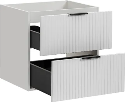 A white bathroom vanity cabinet with two drawers, shown from a front-side angle against a white background.