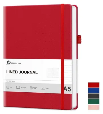 Zdjęcie produktu dla Notatnik A5, twarda okładka, czerwony, w linie, 160 stron, papier 120 g/m², z gumką i wewnętrzną kieszenią