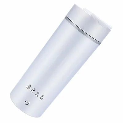 A white electric water bottle with temperature settings displayed on its side.
