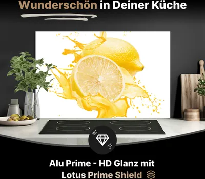 Produktbild von Spritzschutz Küchenrückwand aus Aluminiumverbund Glanz - 3mm - 125x50 cm  - Zitronen in gelbem Saft