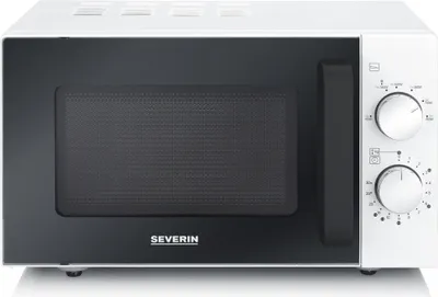 A studio shot of a white and black Severin microwave.