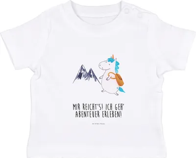 Produktbild von Mr. & Mrs. Panda Organic Baby Shirt Einhorn Bergsteiger 0. - 6. Monat - Weiß - Geschenk, Unicorn, Berge, Baumwolle, Einhörner, Kleinkind, Babyshirt, Reisen, Öko T-Shirt