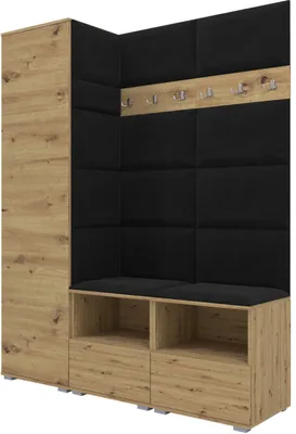 Produktbild von Garderoben-Set Nela II, Polstergarderobe mit zwei Schuhschränke, Flurmöbel mit Hochschrank (Farbe: Artisan Eiche + Trinity 16 (Schwarz))