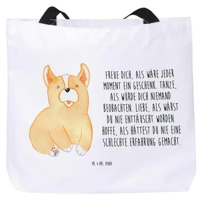 Produktbild von Mr. & Mrs. Panda Strandtasche Corgie - Weiß - Geschenk, Schultasche, Hund, Corgi, Laptoptasche, Sprüche, Lebensfroh, Spruch, Tasche, Tote Bag, Tragetasche