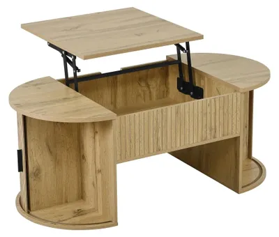 Image de Table basse réglable en hauteur - Table de salon - Étagères ouvertes - Espace de rangement dissimulé - Portes coulissantes - MDF - Chêne